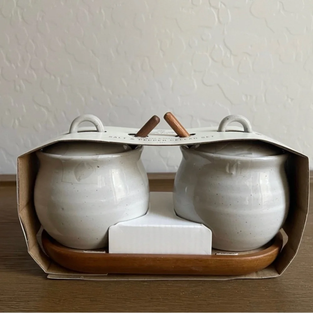 5pc Flared Brim Stoneware Salt & Pepper Cellar Set Vintage Cream - Hearth & Hand
